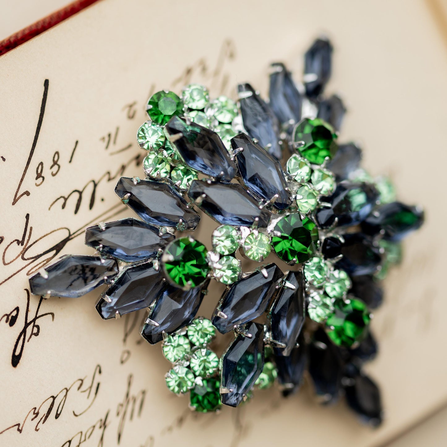 Vintage Brooch Blue Green Rhinestone Silver Tone Verified Juliana