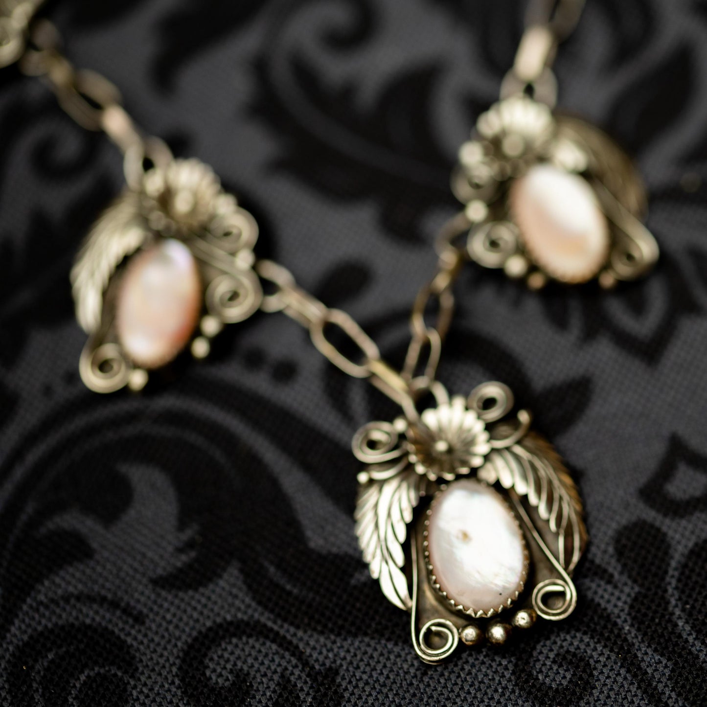 Vintage Sterling Necklace Silver Mother of Pearl Pendant JY Signed Native American Estate Jewelry