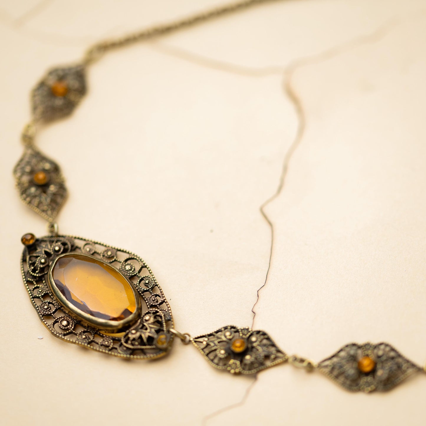 Antique Necklace Czech Amber Glass Filigree Vintage Estate Jewelry