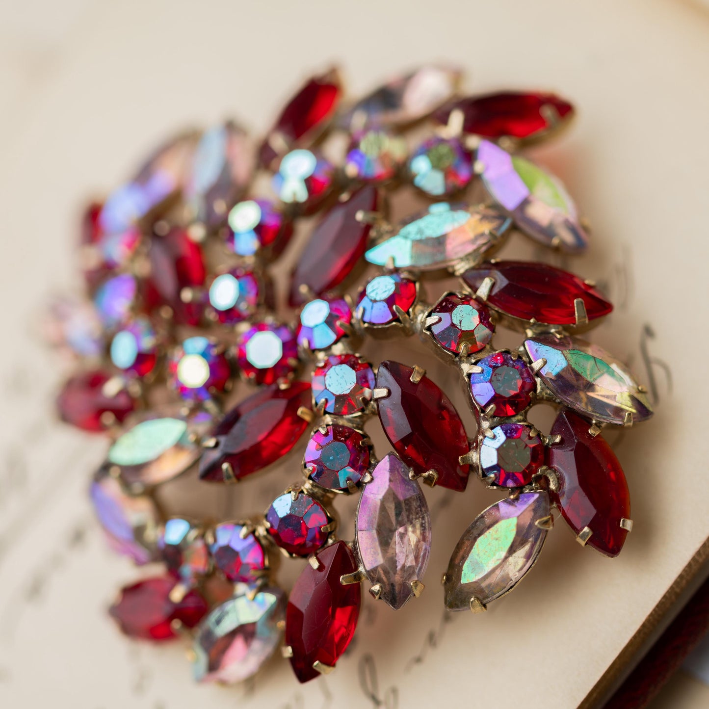 Vintage Brooch Rhinestone Red AB Gold Tone  Estate Jewelry