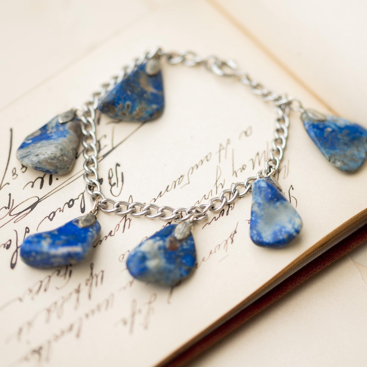 Sterling Charm Bracelet Silver 925 Lapis Lazuli Vintage Estate Jewelry