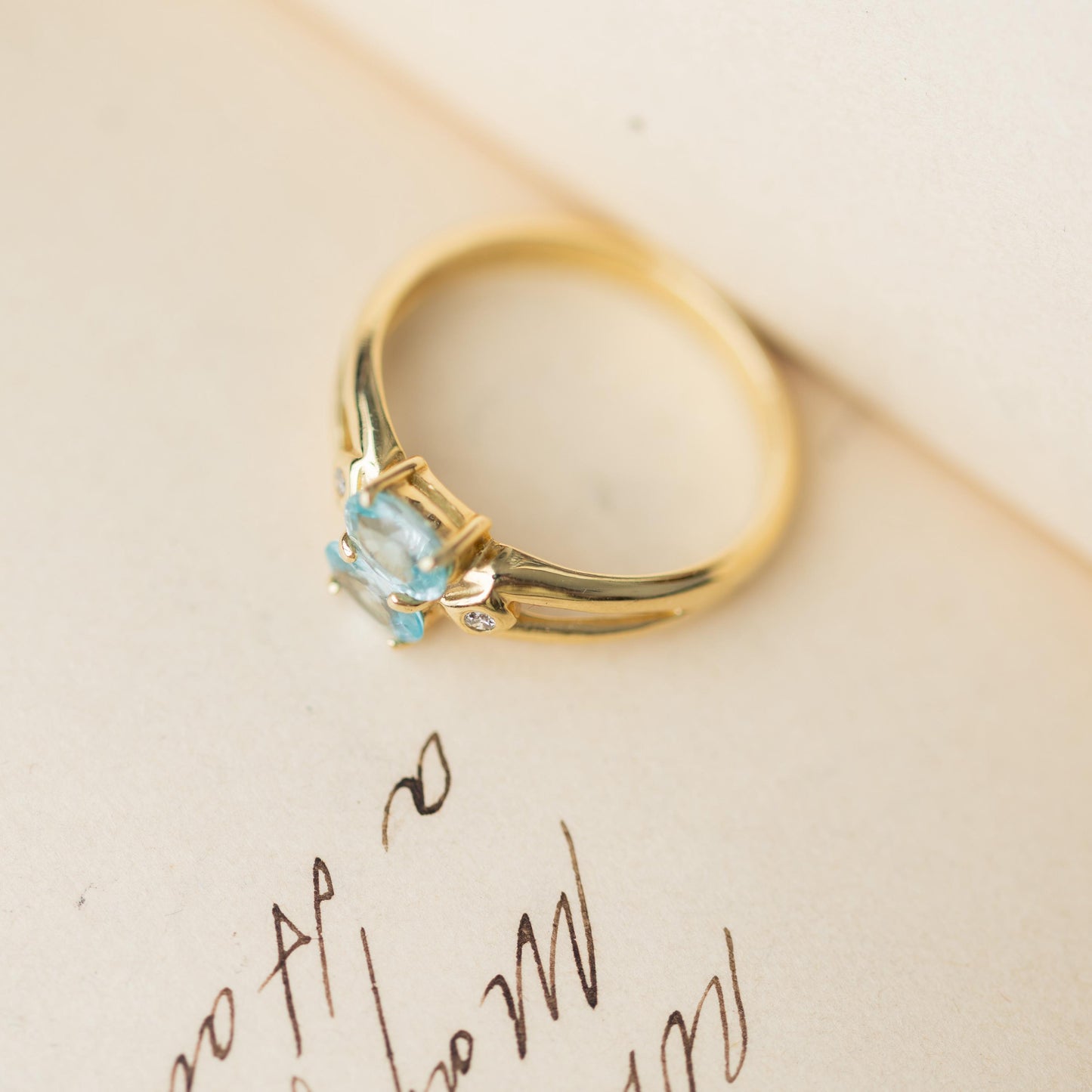 14K Gold Ring Topaz Diamond Art Deco Vintage Estate Jewelry