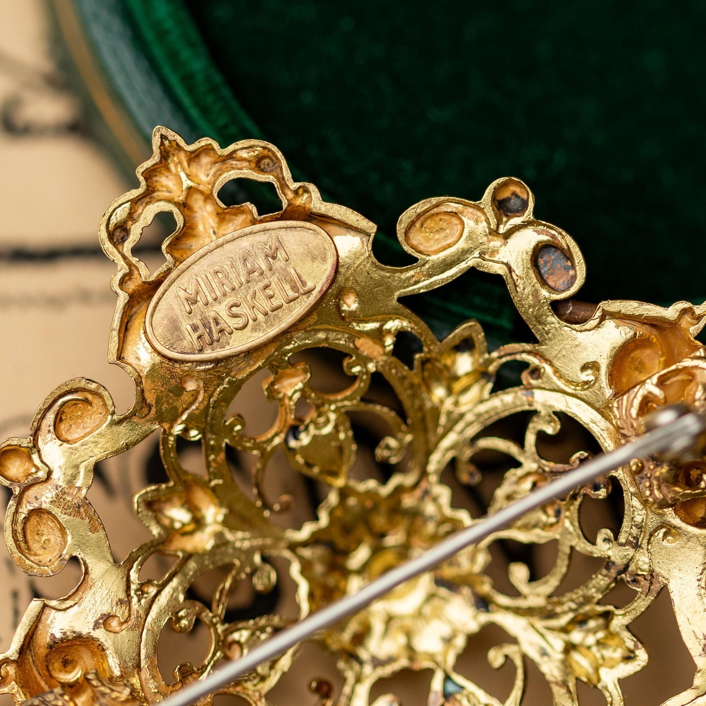 Vintage Jeweley Brooch Miriam Haskell Gold Tone Filigree Estate Jewelry