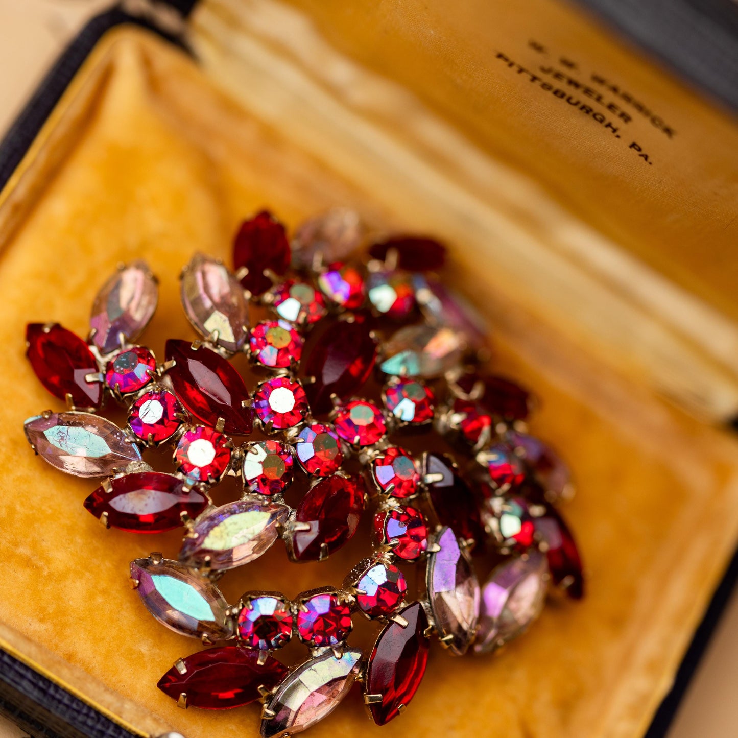 Vintage Brooch Rhinestone Red AB Gold Tone  Estate Jewelry