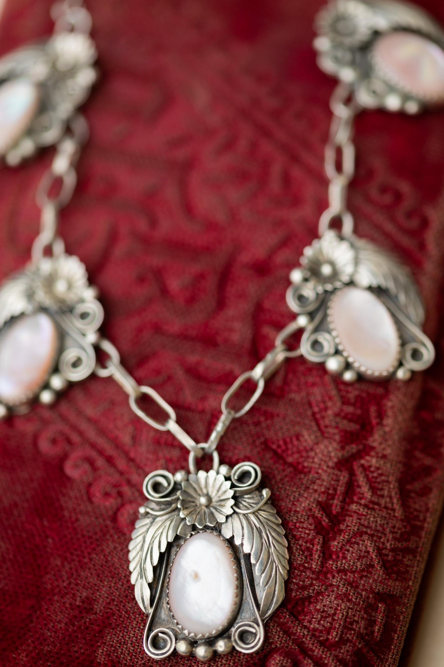 Vintage Sterling Necklace Silver Mother of Pearl Pendant JY Signed Native American Estate Jewelry