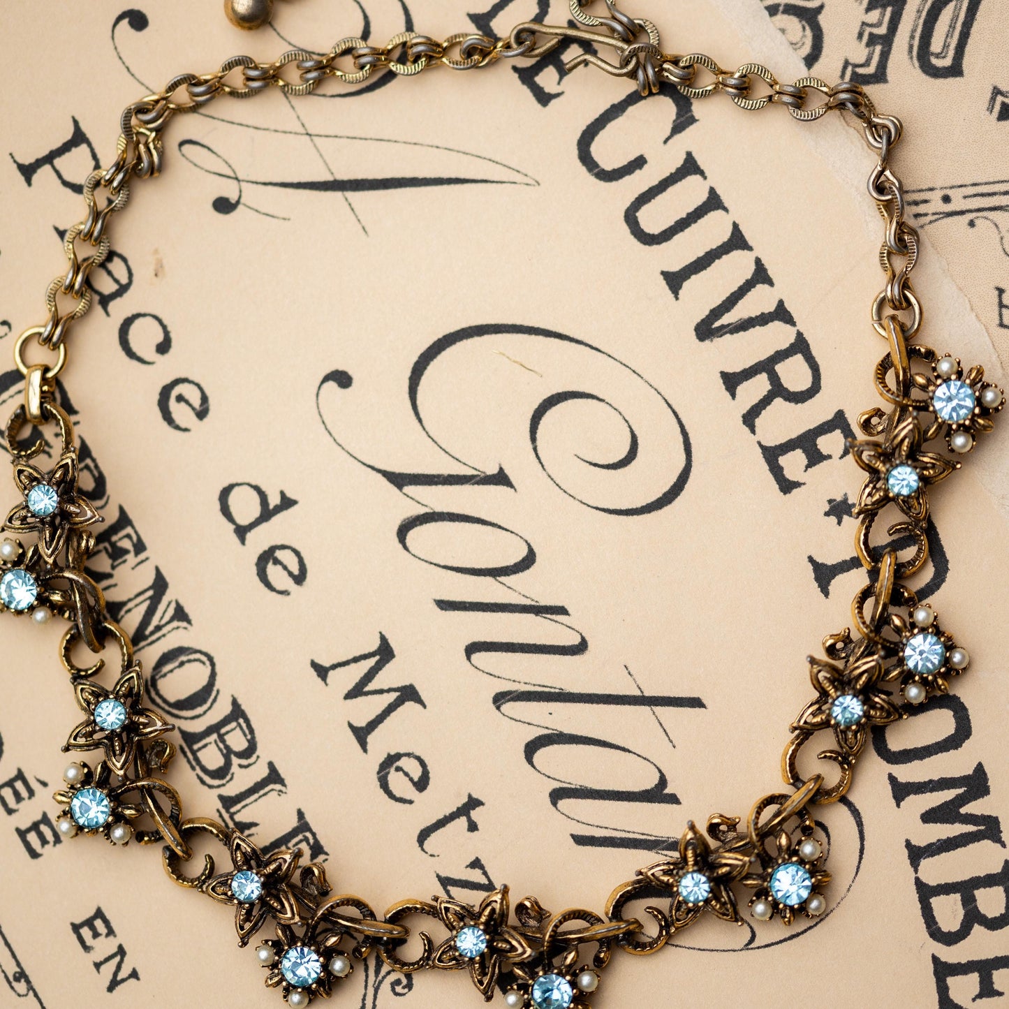 Vintage Jewelry Necklace Blue Rhinestone Faux Pearl Gold Tone Signed Star Estate Jewelry