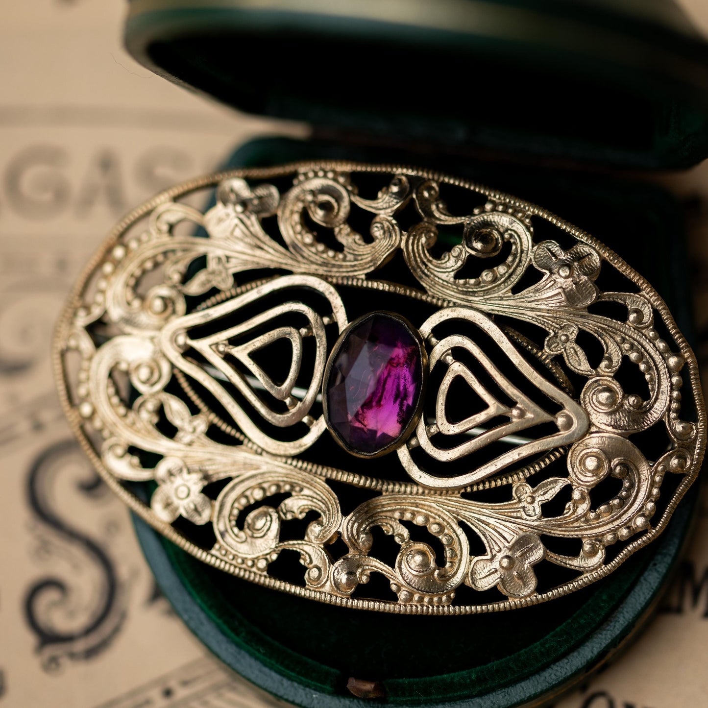Antique Victorian Brooch Purple Glass Gold Tone C Clasp Vintage Estate Jewelry