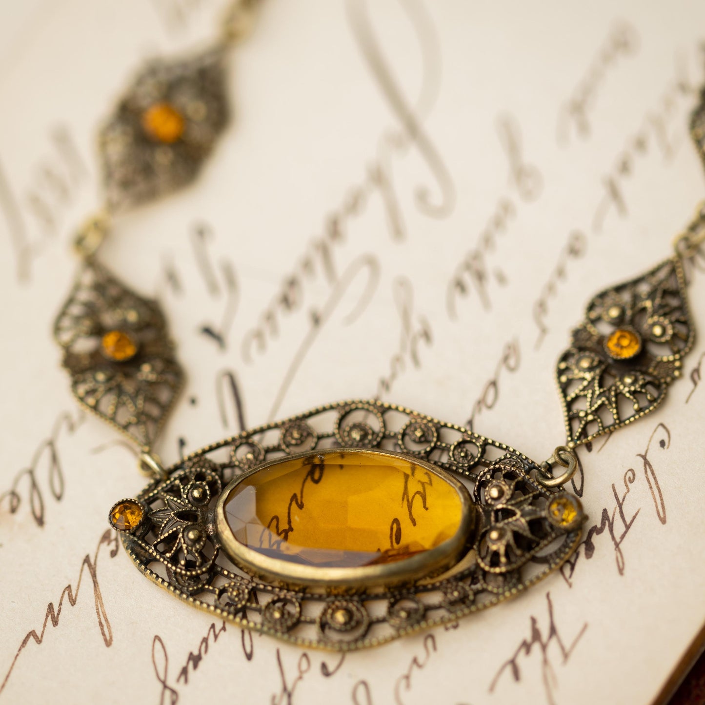 Antique Necklace Czech Amber Glass Filigree Vintage Estate Jewelry