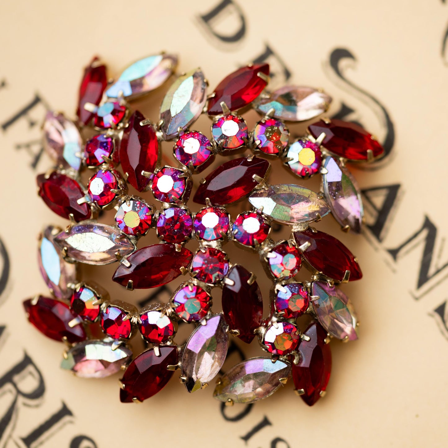 Vintage Brooch Rhinestone Red AB Gold Tone  Estate Jewelry