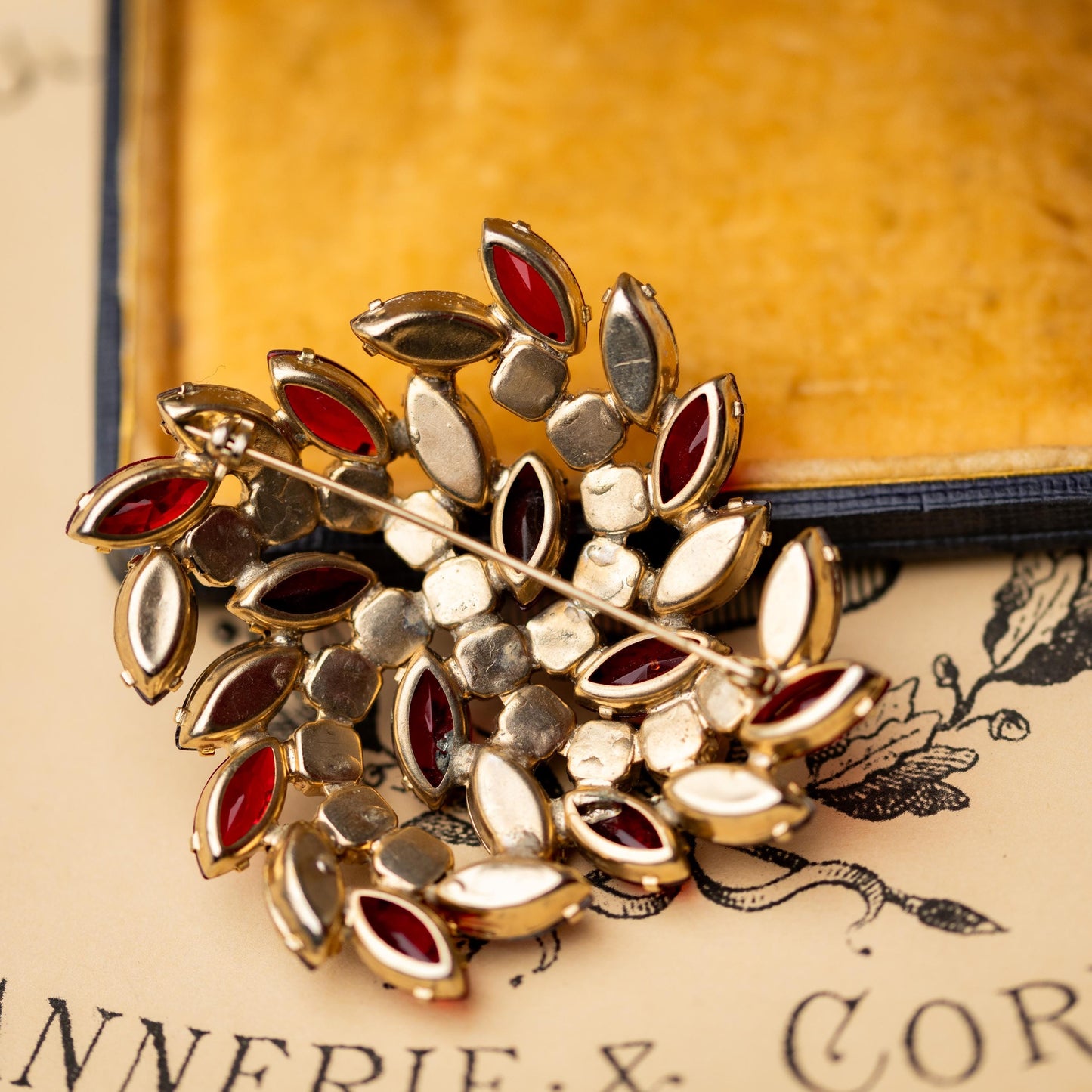 Vintage Brooch Rhinestone Red AB Gold Tone  Estate Jewelry