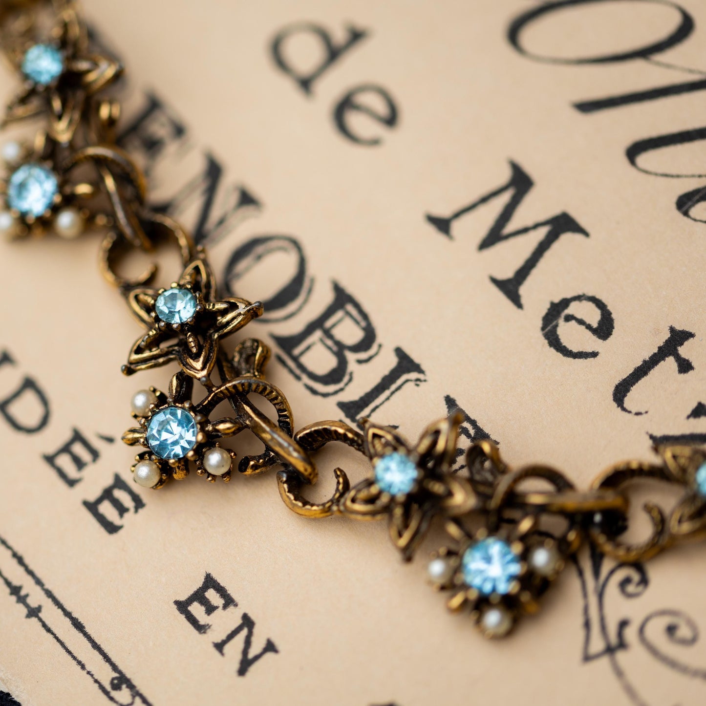Vintage Jewelry Necklace Blue Rhinestone Faux Pearl Gold Tone Signed Star Estate Jewelry
