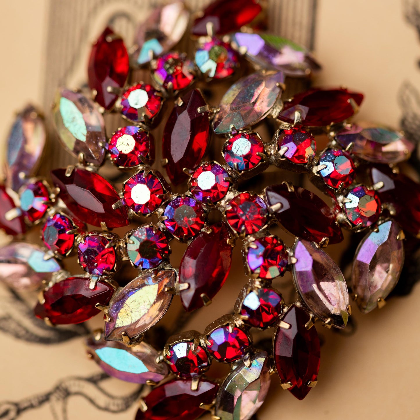 Vintage Brooch Rhinestone Red AB Gold Tone  Estate Jewelry