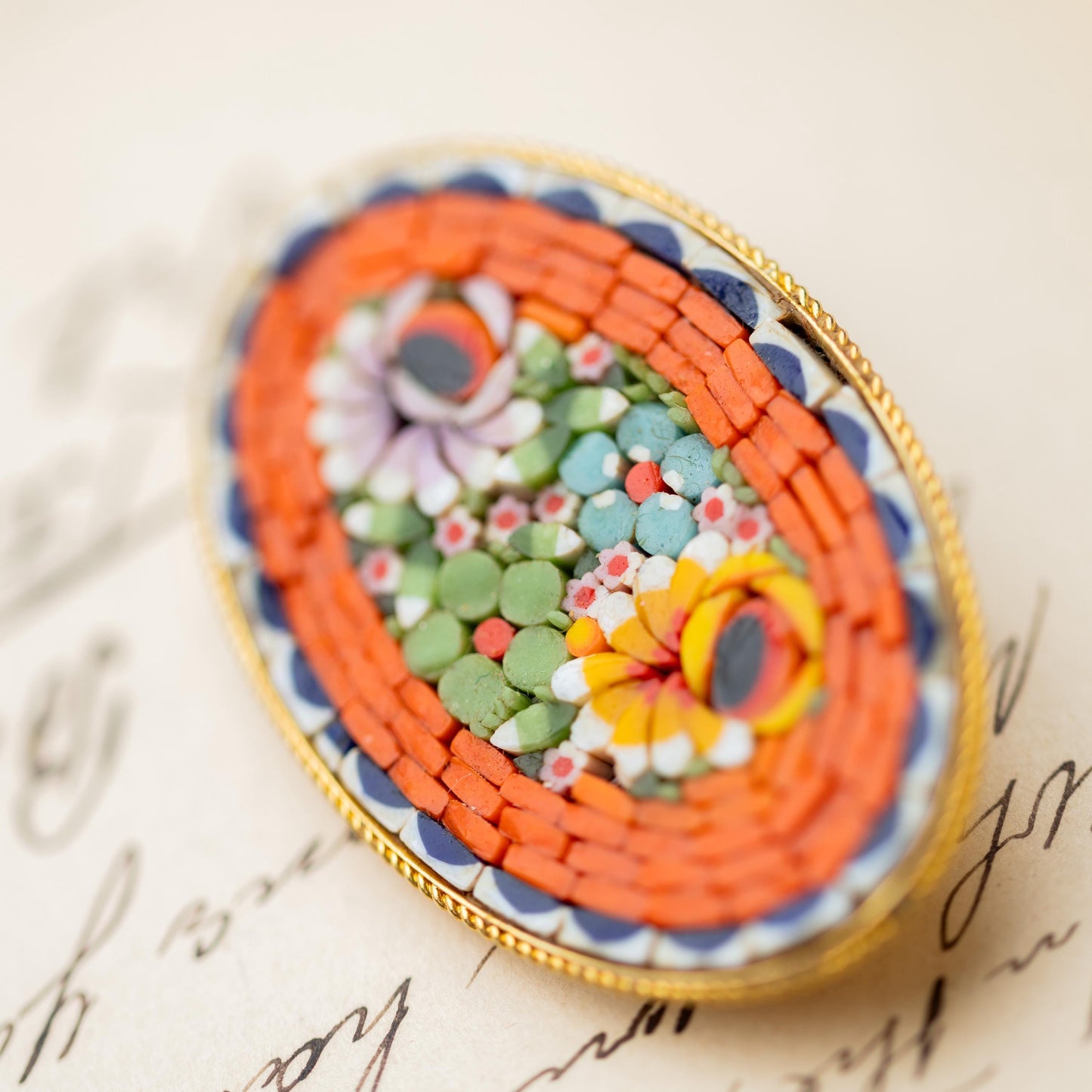 Vintage Jewelry Micro Mosaic Brooch Orange Floral Gold Tone Signed Italy Estate