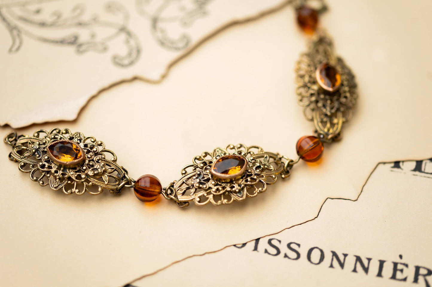 Vintage Jewelry Czech Amber Glass Filigree Brass Bracelet