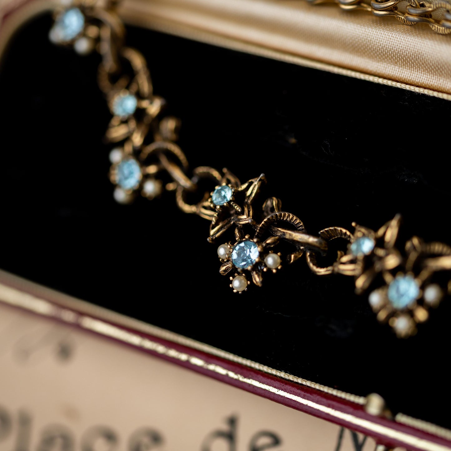 Vintage Jewelry Necklace Blue Rhinestone Faux Pearl Gold Tone Signed Star Estate Jewelry
