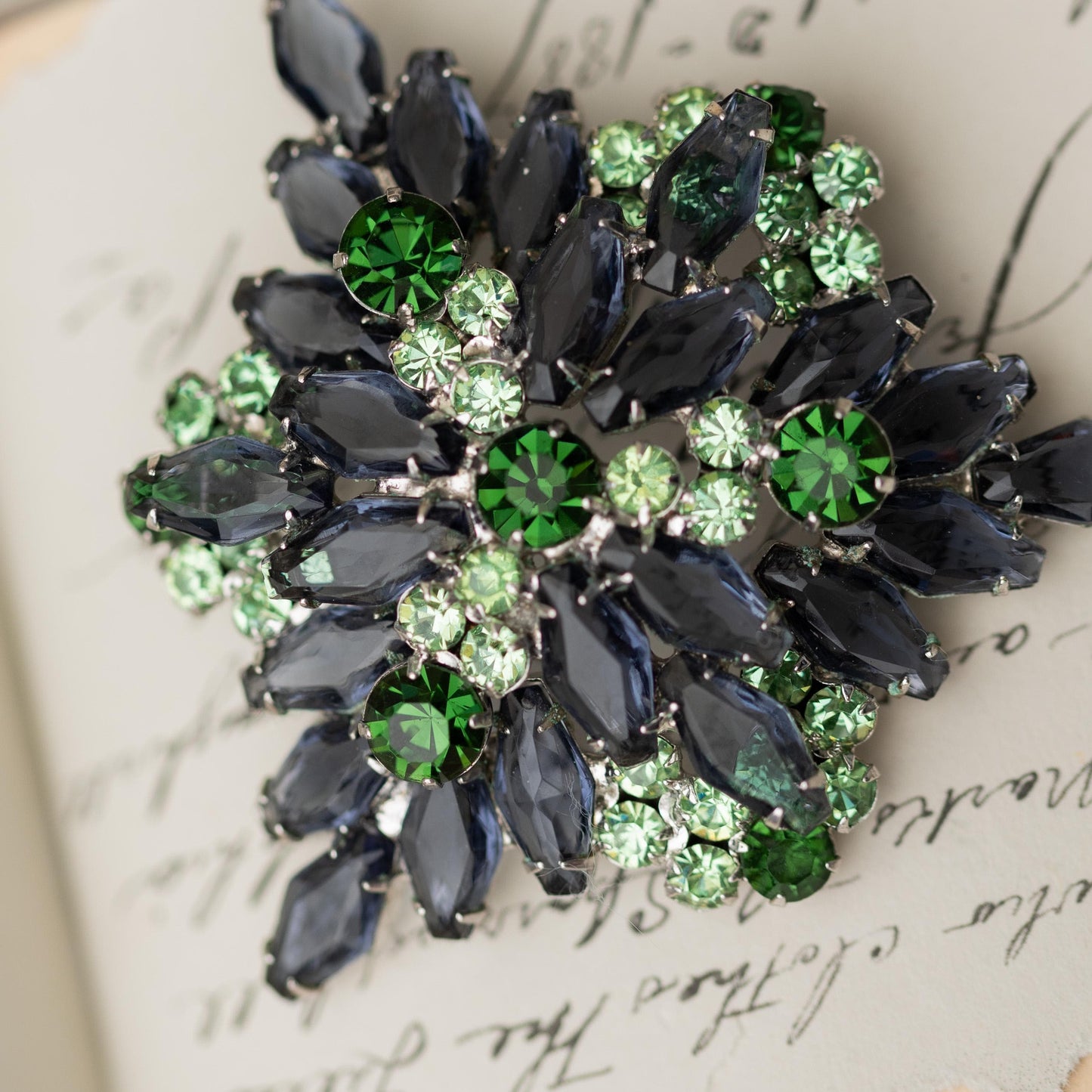 Vintage Brooch Blue Green Rhinestone Silver Tone Verified Juliana