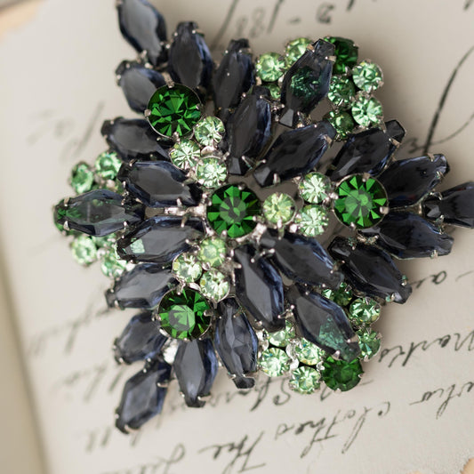 Vintage Brooch Blue Green Rhinestone Silver Tone Verified Juliana