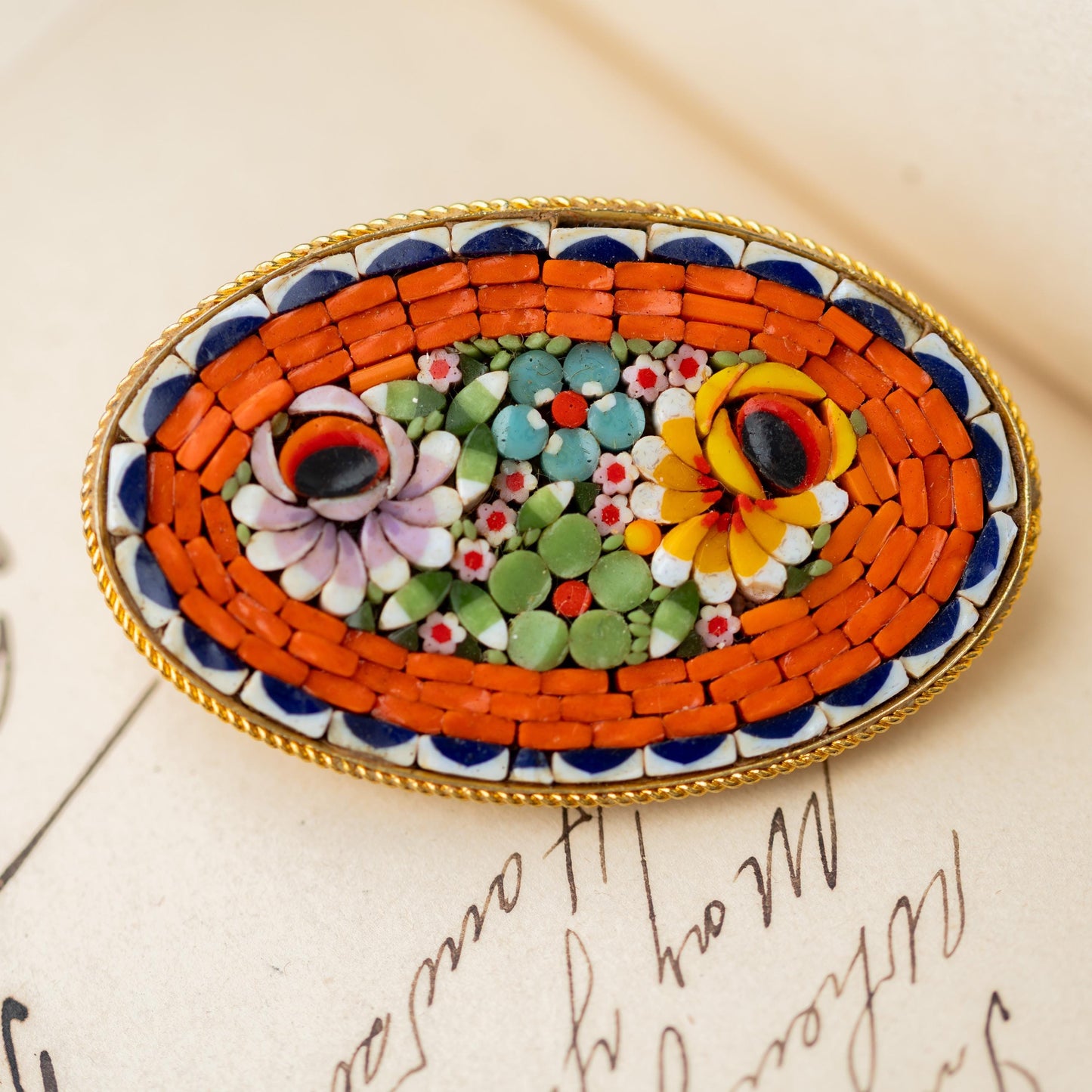 Vintage Jewelry Micro Mosaic Brooch Orange Floral Gold Tone Signed Italy Estate