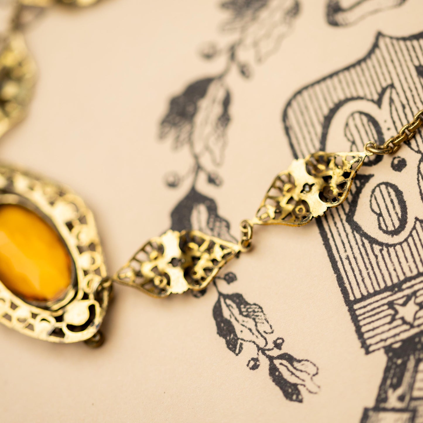 Antique Necklace Czech Amber Glass Filigree Vintage Estate Jewelry