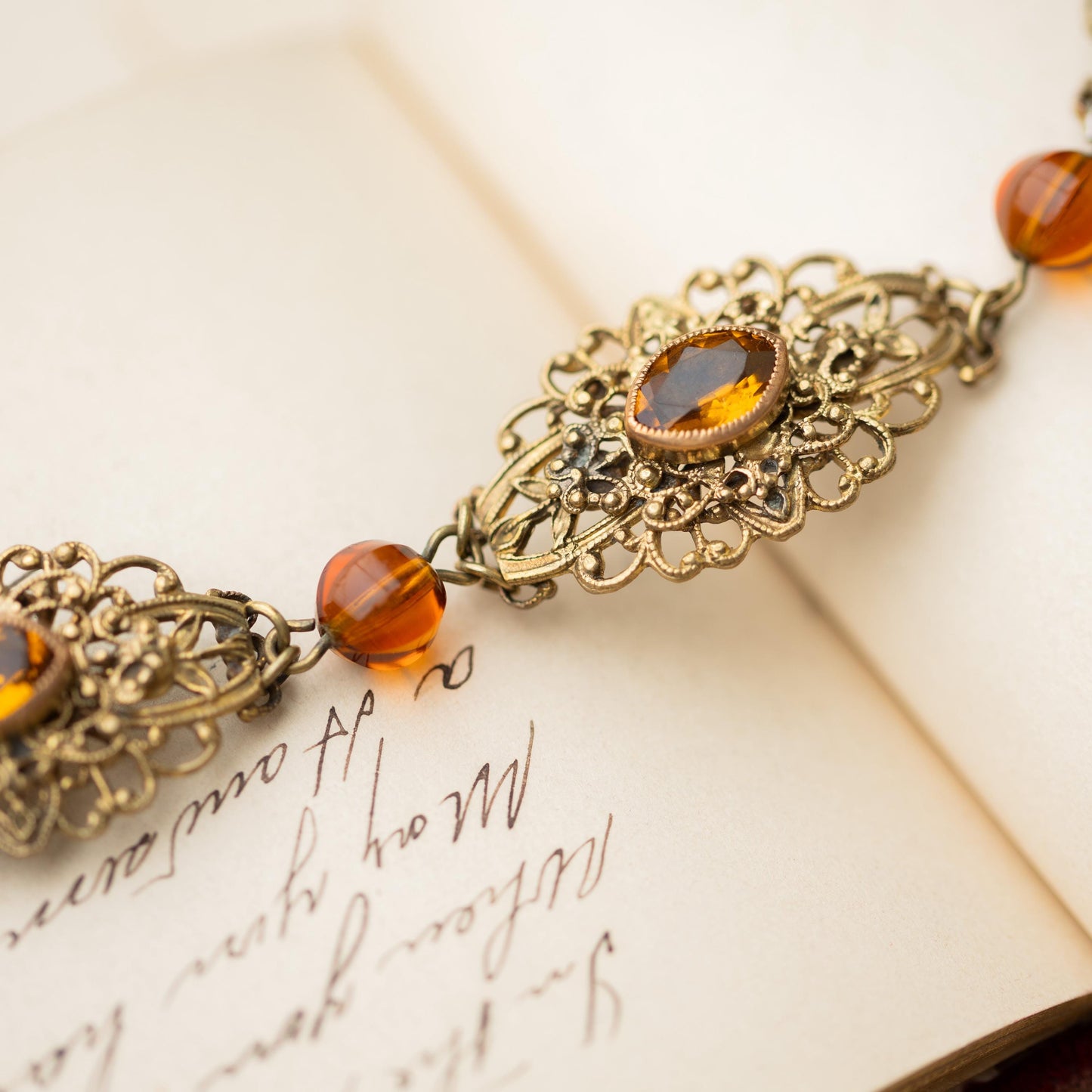 Vintage Jewelry Czech Amber Glass Filigree Brass Bracelet