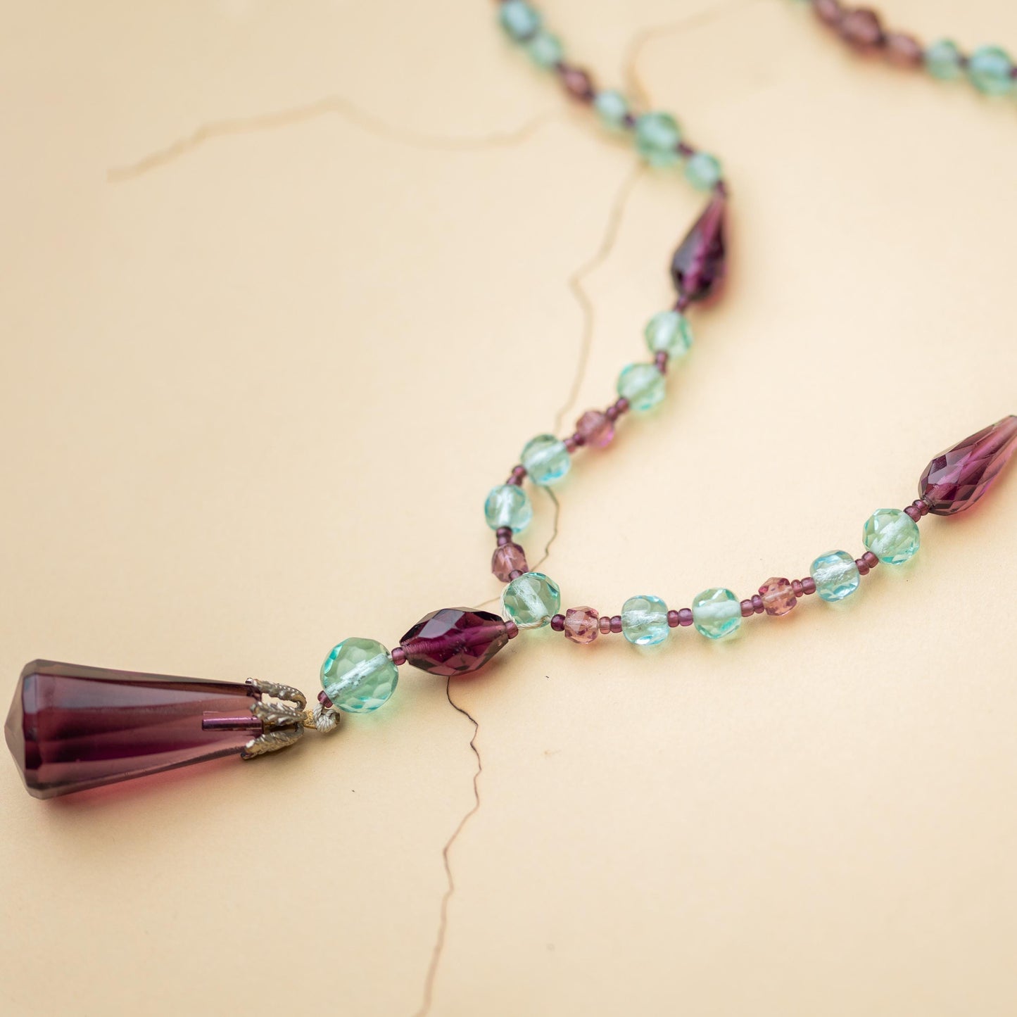 Vintage Jewelry Necklace Beaded Czech Purple Blue Glass Lariat Hand Knotted Estate