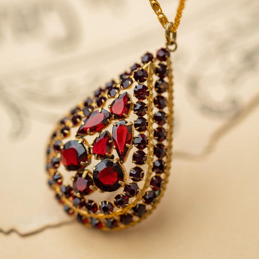 Czechoslovakia Red Glass Statement Necklace Signed Vintage Estate Jewelry