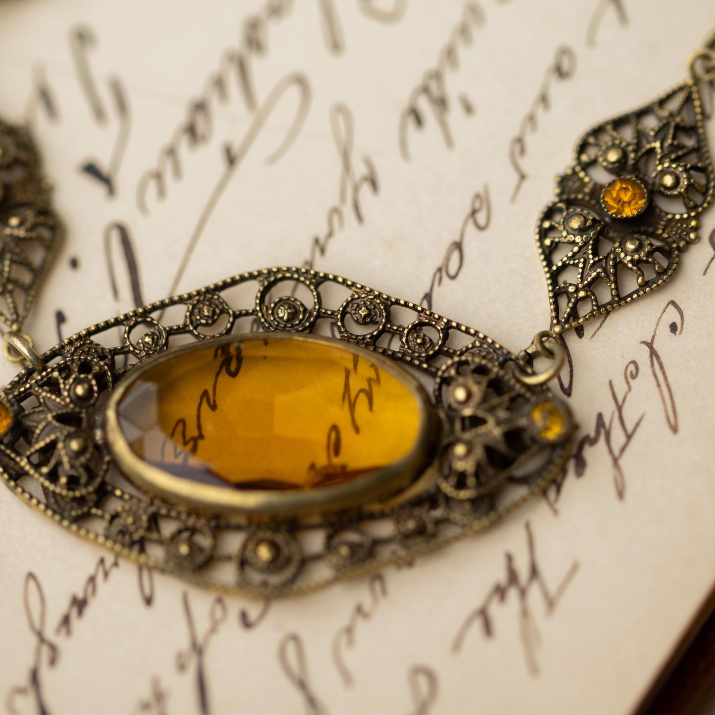 Antique Necklace Czech Amber Glass Filigree Vintage Estate Jewelry