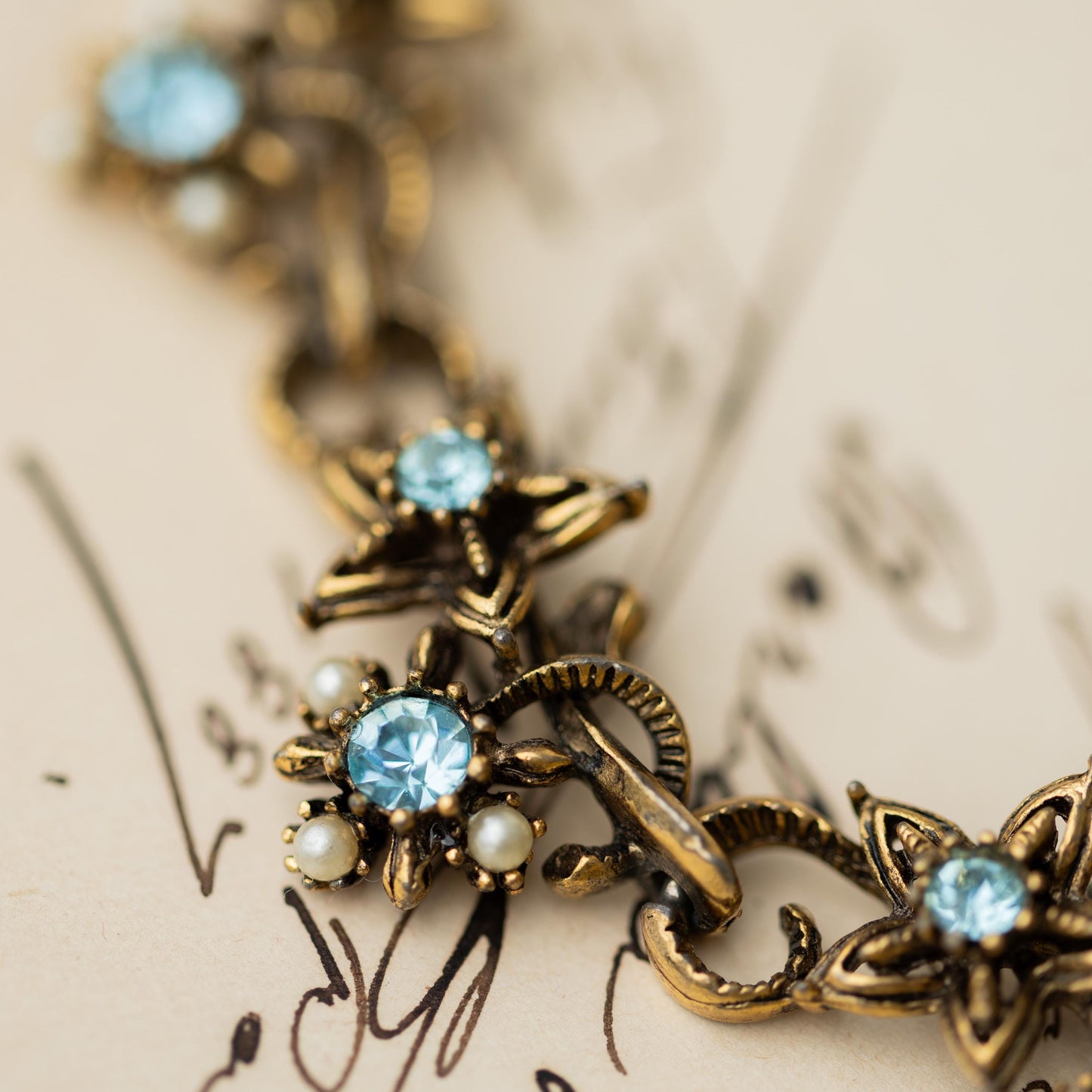 Vintage Jewelry Necklace Blue Rhinestone Faux Pearl Gold Tone Signed Star Estate Jewelry