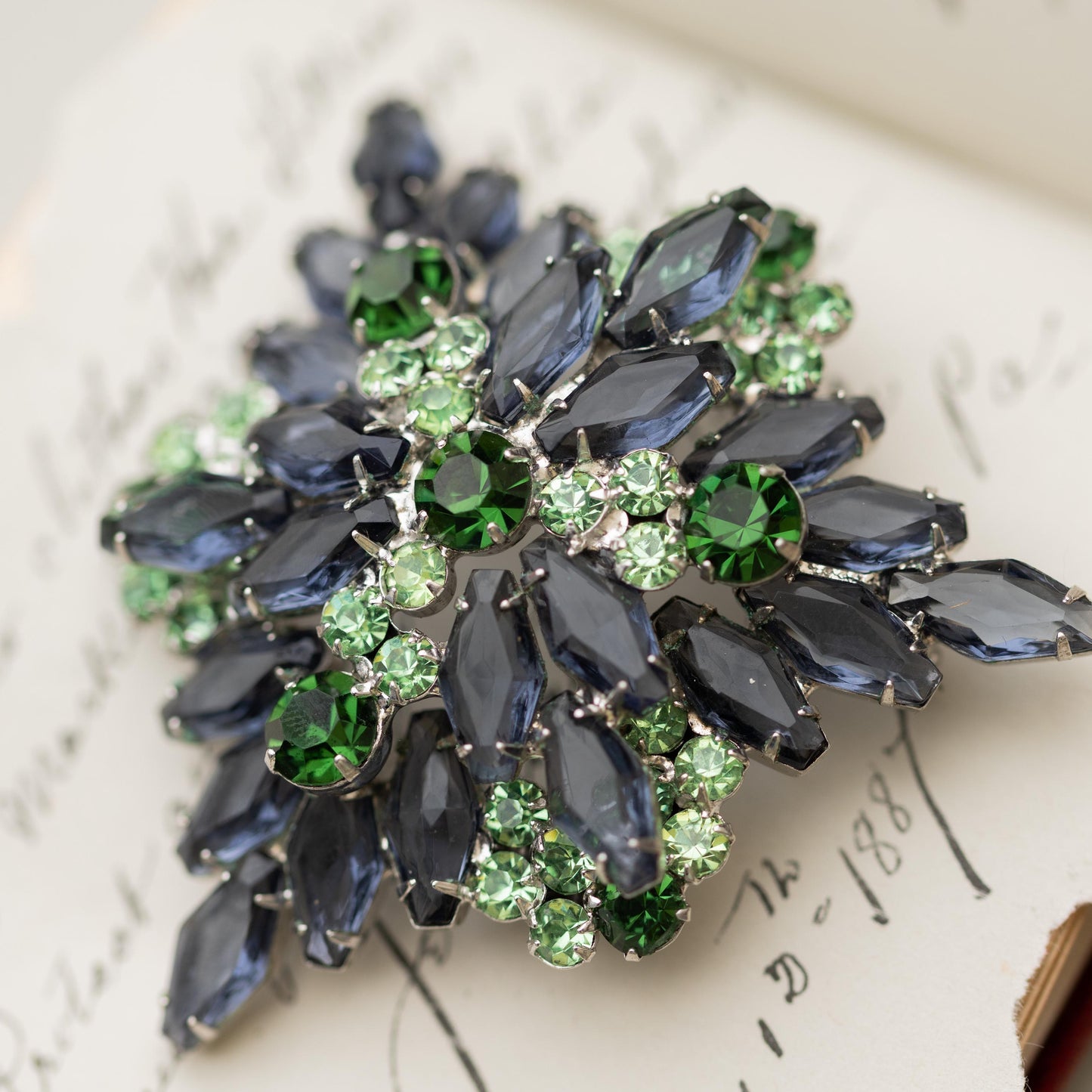 Vintage Brooch Blue Green Rhinestone Silver Tone Verified Juliana