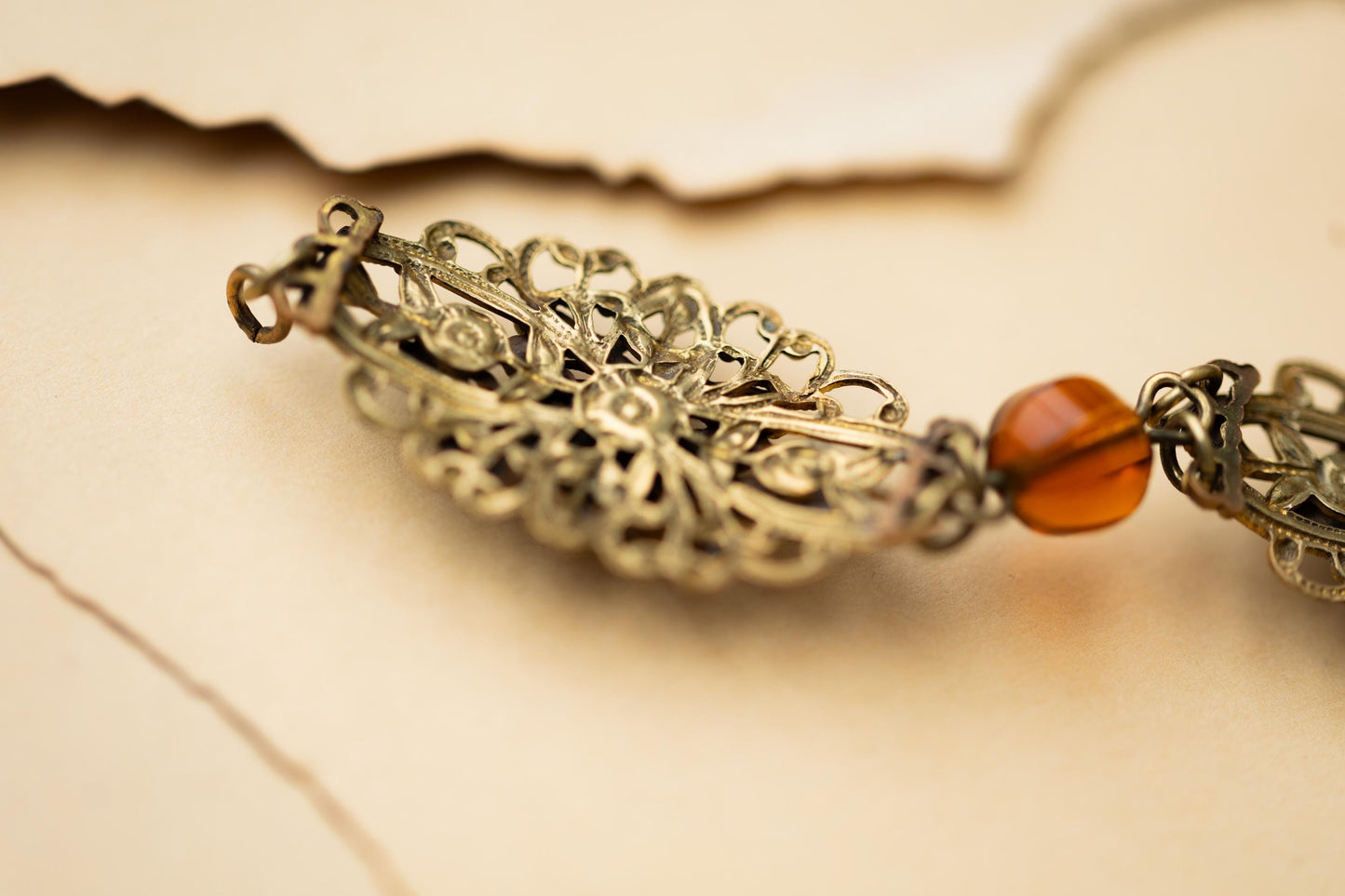 Vintage Jewelry Czech Amber Glass Filigree Brass Bracelet
