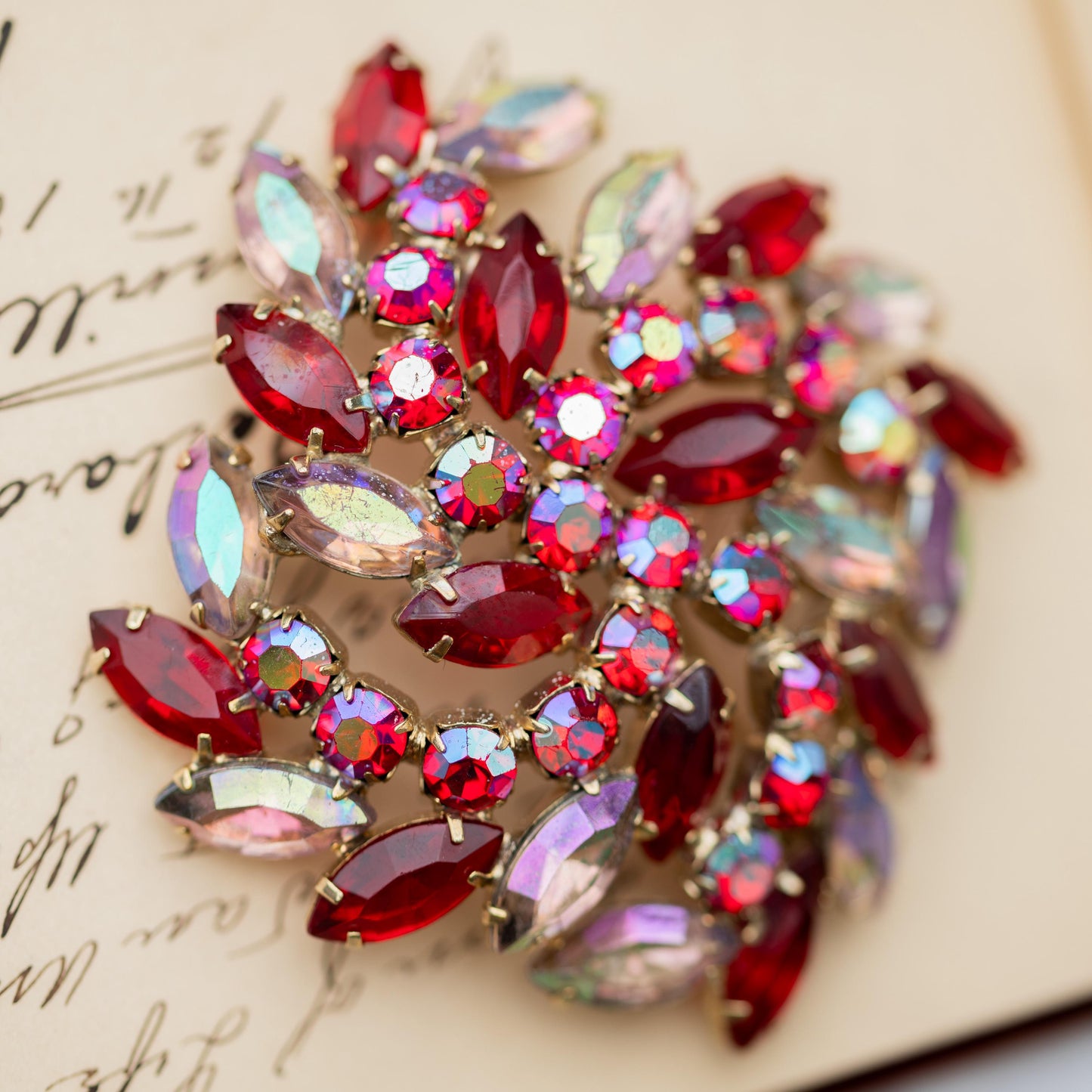 Vintage Brooch Rhinestone Red AB Gold Tone  Estate Jewelry