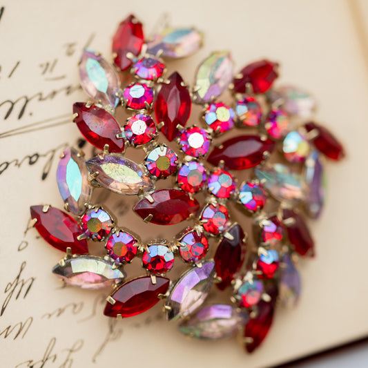 Vintage Brooch Rhinestone Red AB Gold Tone  Estate Jewelry