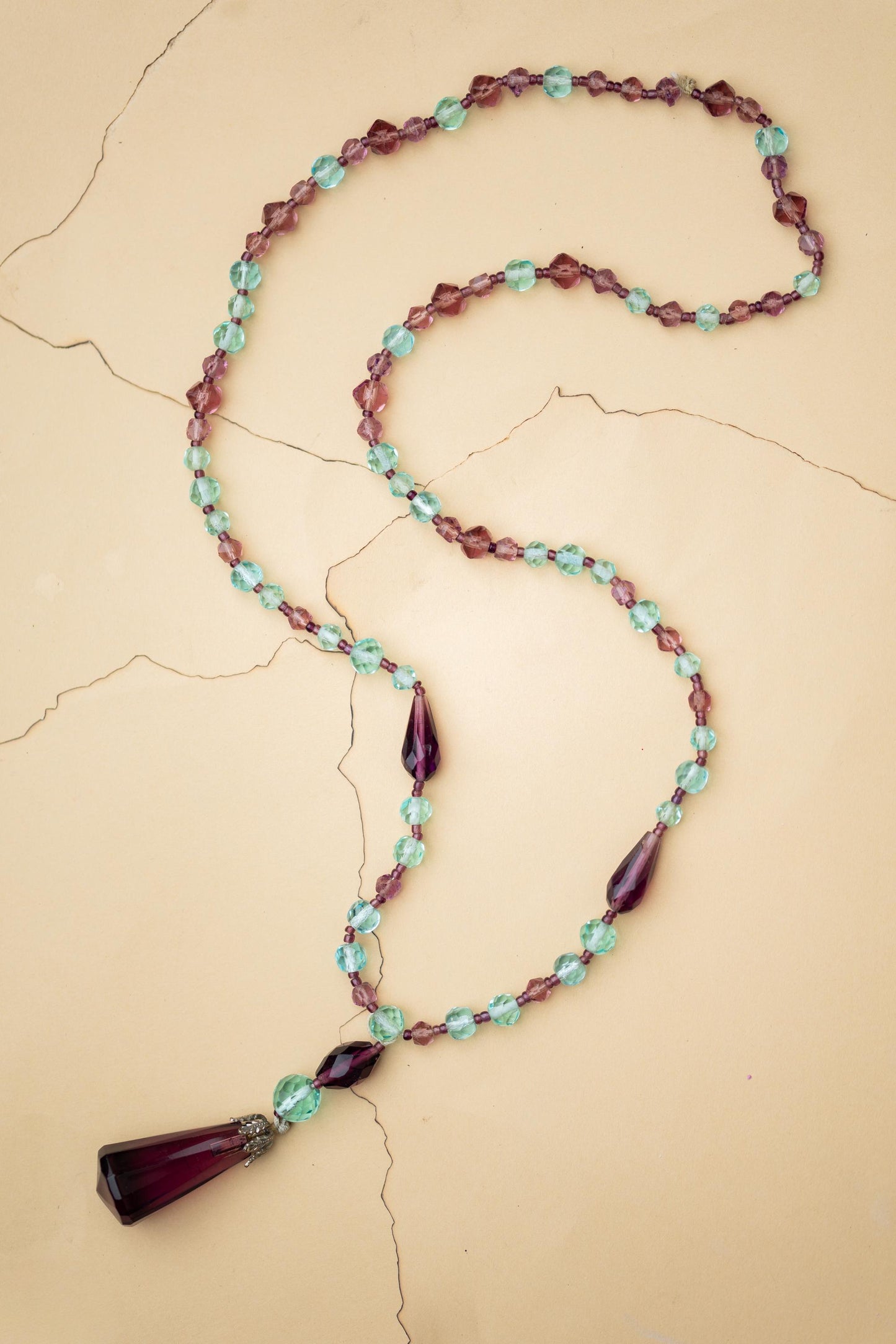 Vintage Jewelry Necklace Beaded Czech Purple Blue Glass Lariat Hand Knotted Estate