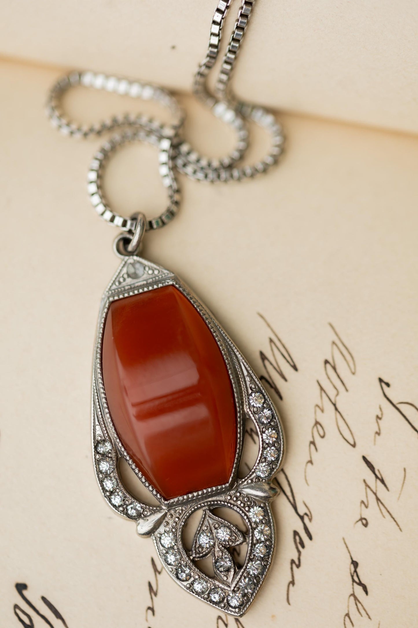 Vintage Estate Jewelry Necklace Art Deco Carnelian Pendant Sterling Silver Chain