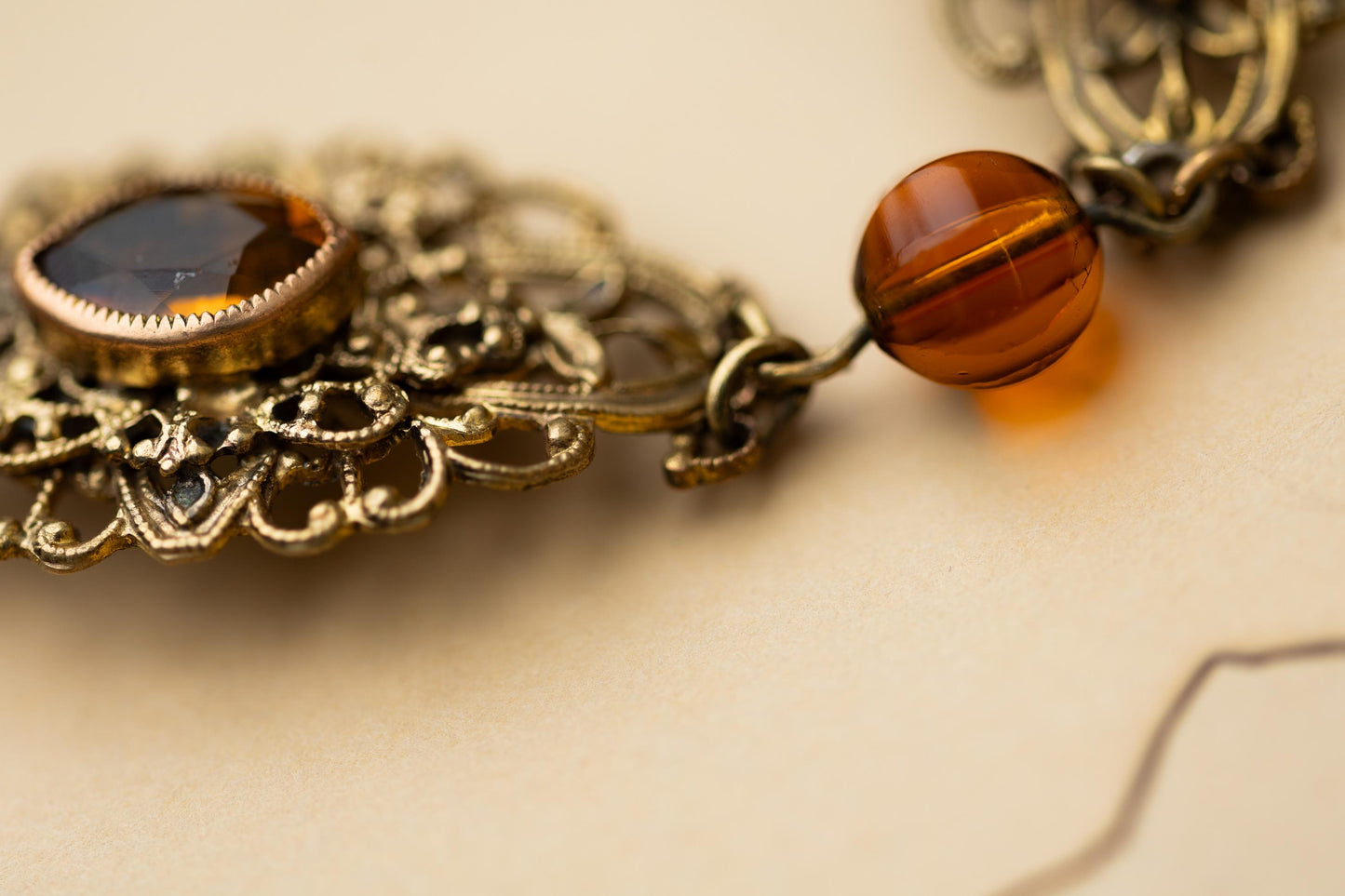 Vintage Jewelry Czech Amber Glass Filigree Brass Bracelet