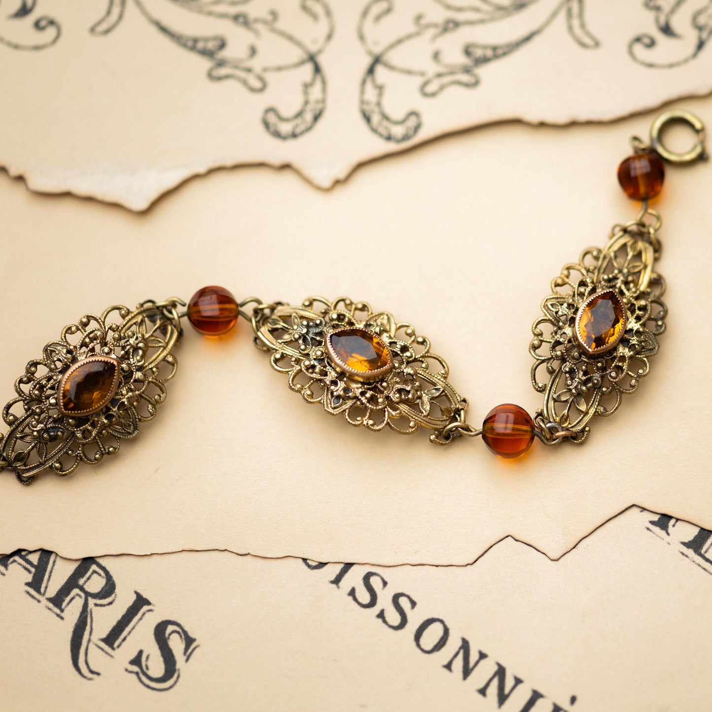 Vintage Jewelry Czech Amber Glass Filigree Brass Bracelet