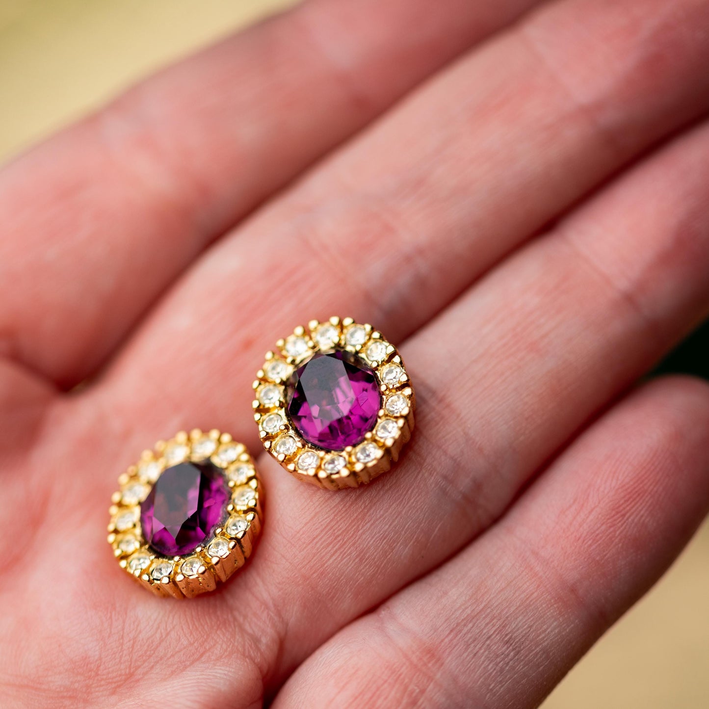 Vintage Earrings Christian Dior - Gold Tone Amethyst Rhinestone Estate Jewelry