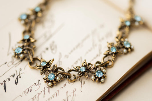 Vintage Jewelry Necklace Blue Rhinestone Faux Pearl Gold Tone Signed Star Estate Jewelry