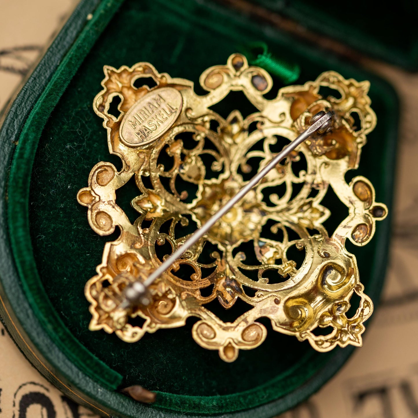 Vintage Jeweley Brooch Miriam Haskell Gold Tone Filigree Estate Jewelry