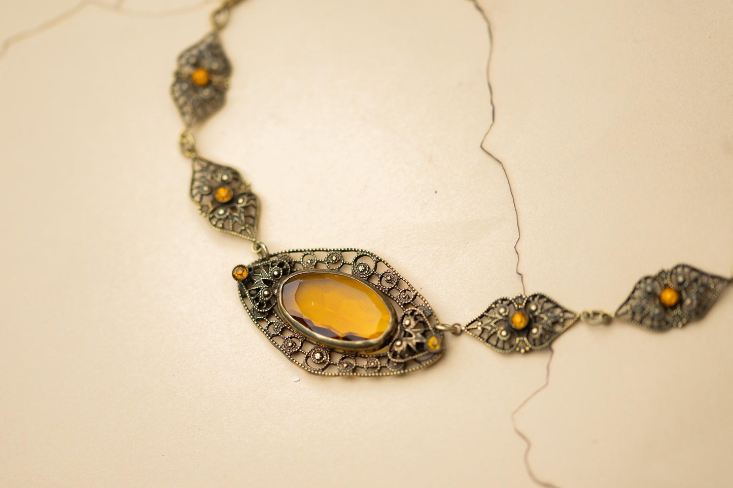 Antique Necklace Czech Amber Glass Filigree Vintage Estate Jewelry