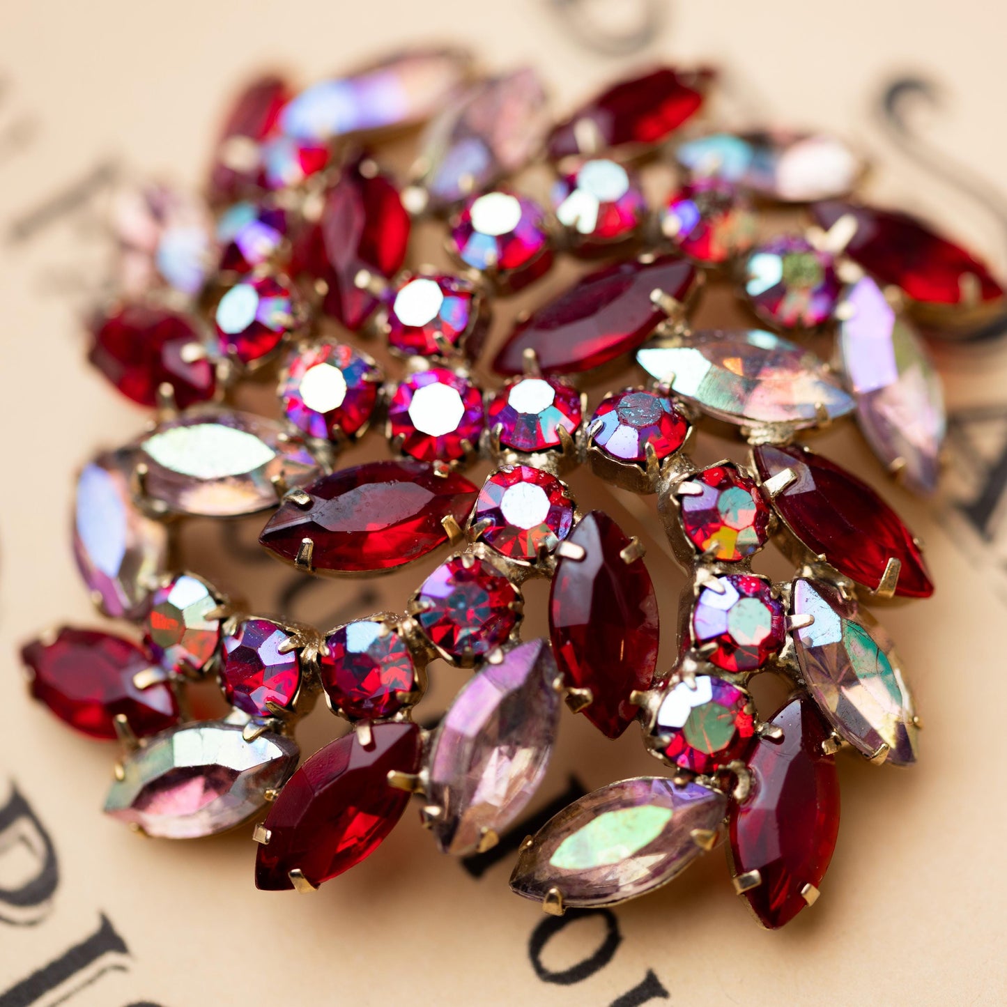 Vintage Brooch Rhinestone Red AB Gold Tone  Estate Jewelry