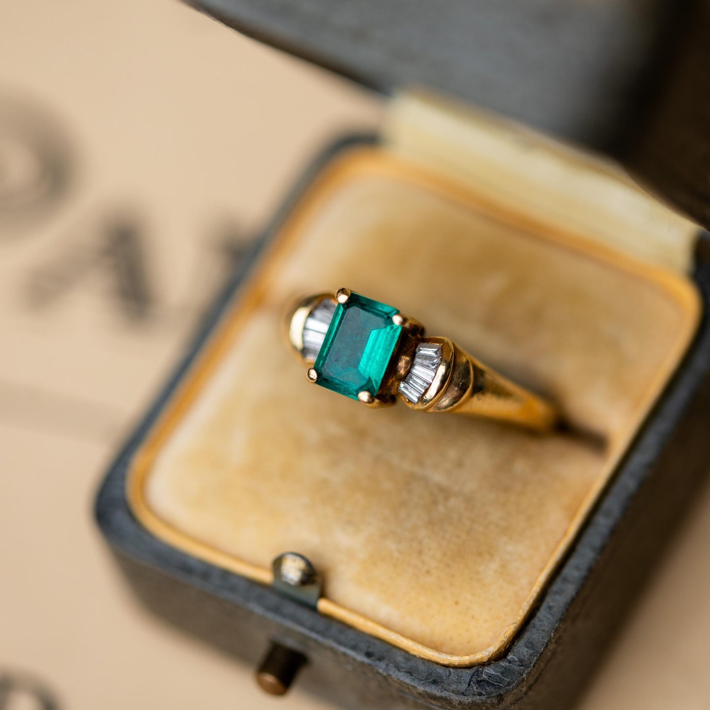 Ostby & Barton OB Signed 10k Gold Art Deco Emerald Diamond Ring