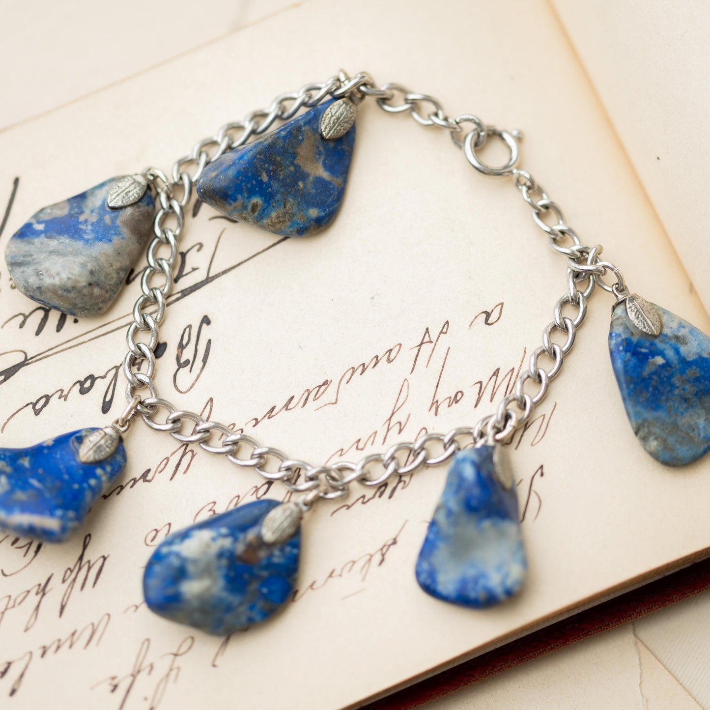 Sterling Charm Bracelet Silver 925 Lapis Lazuli Vintage Estate Jewelry