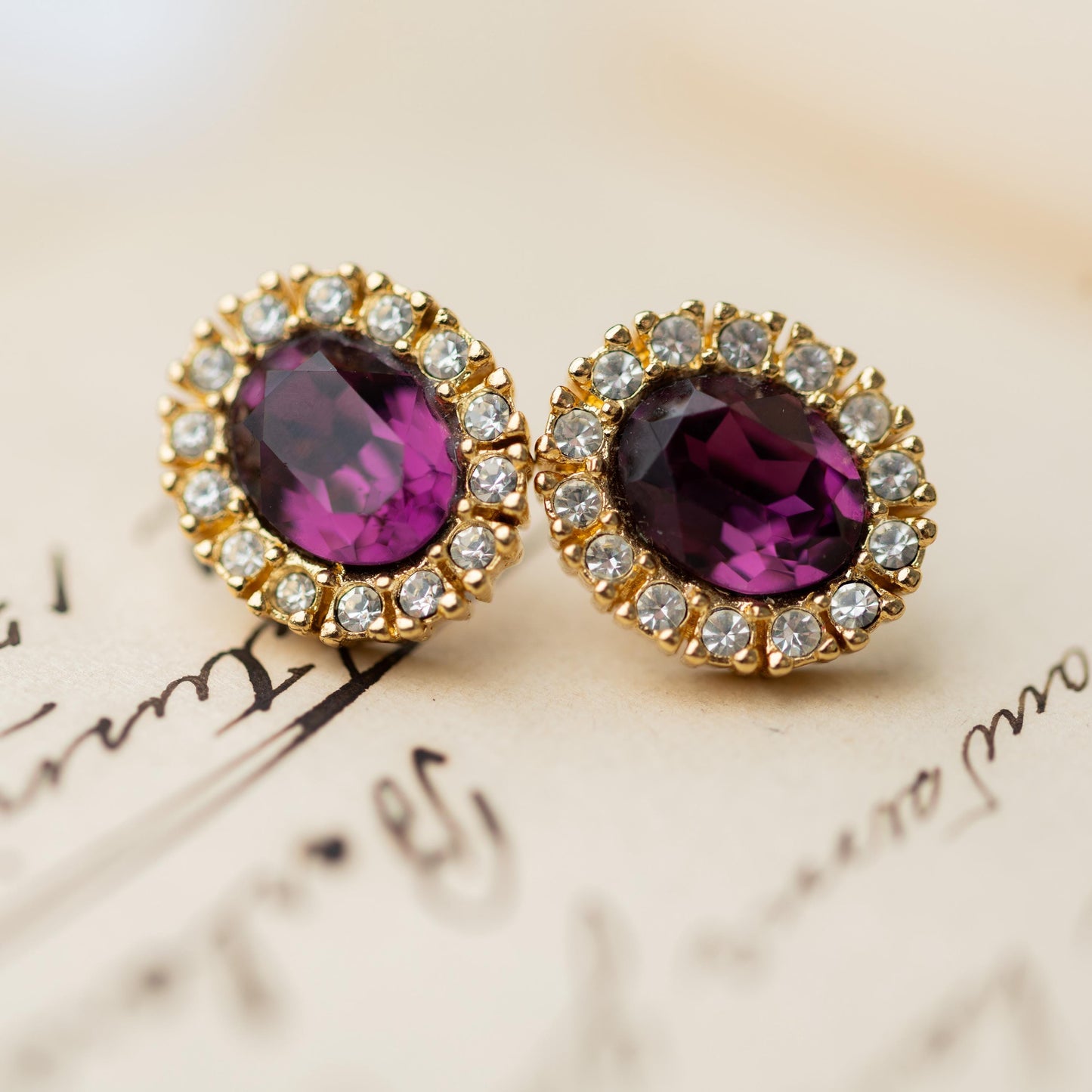 Vintage Earrings Christian Dior - Gold Tone Amethyst Rhinestone Estate Jewelry