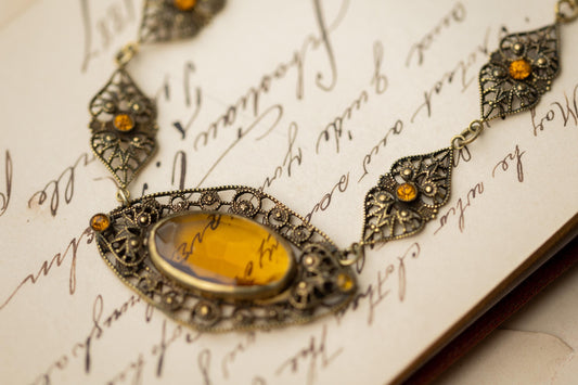 Antique Necklace Czech Amber Glass Filigree Vintage Estate Jewelry