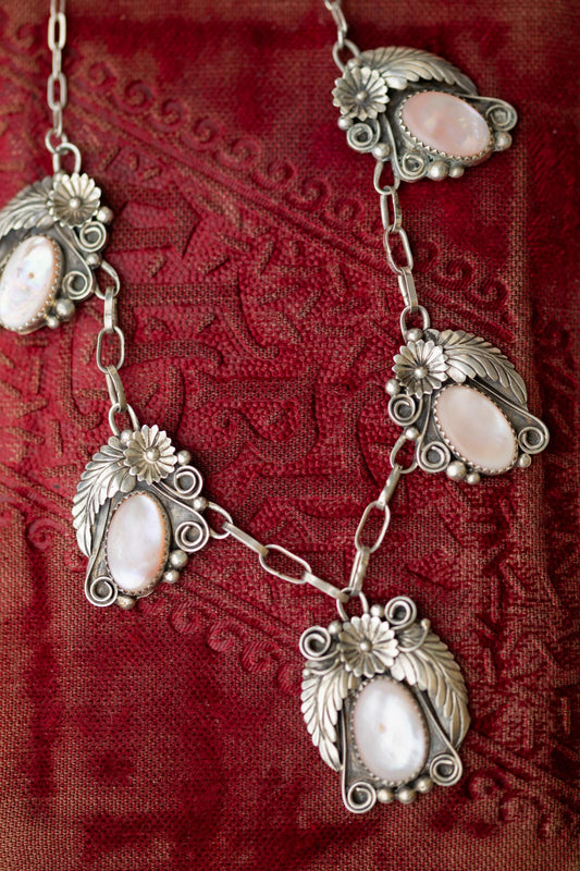 Vintage Sterling Necklace Silver Mother of Pearl Pendant JY Signed Native American Estate Jewelry