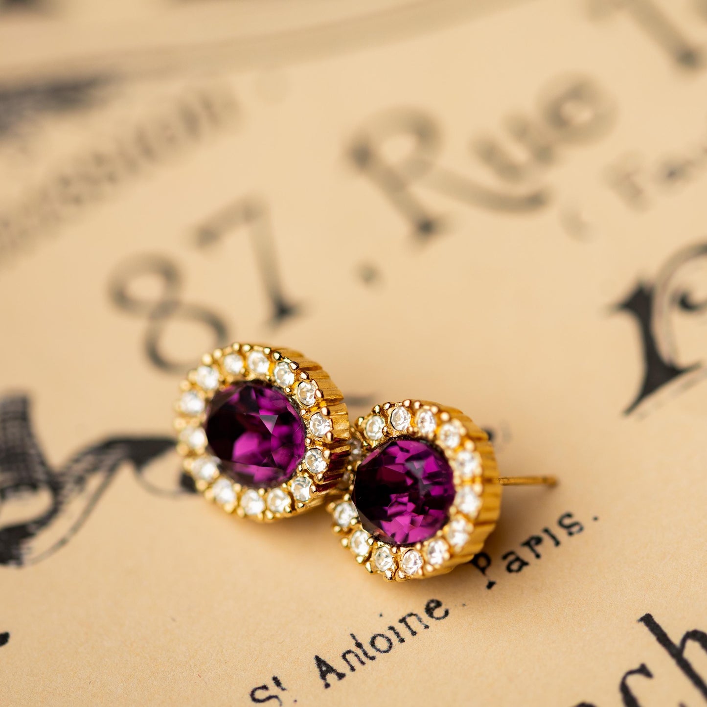 Vintage Earrings Christian Dior - Gold Tone Amethyst Rhinestone Estate Jewelry