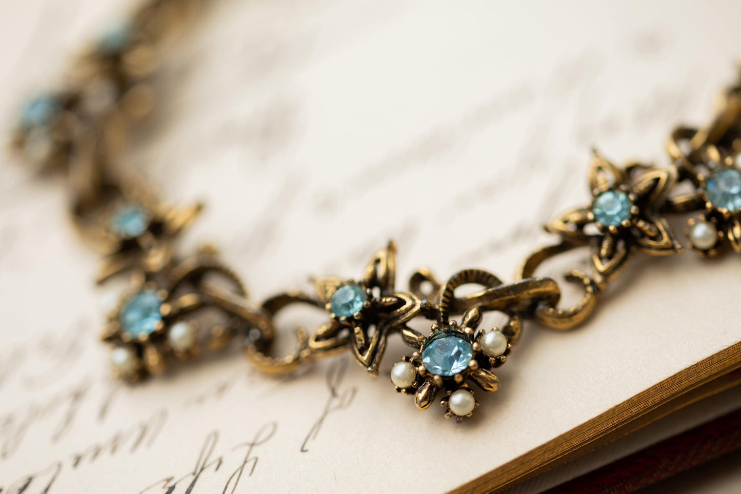 Vintage Jewelry Necklace Blue Rhinestone Faux Pearl Gold Tone Signed Star Estate Jewelry