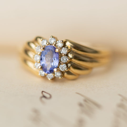 14k Gold Ring Tanzanite Diamonds 585 Vintage Estate Jewelry