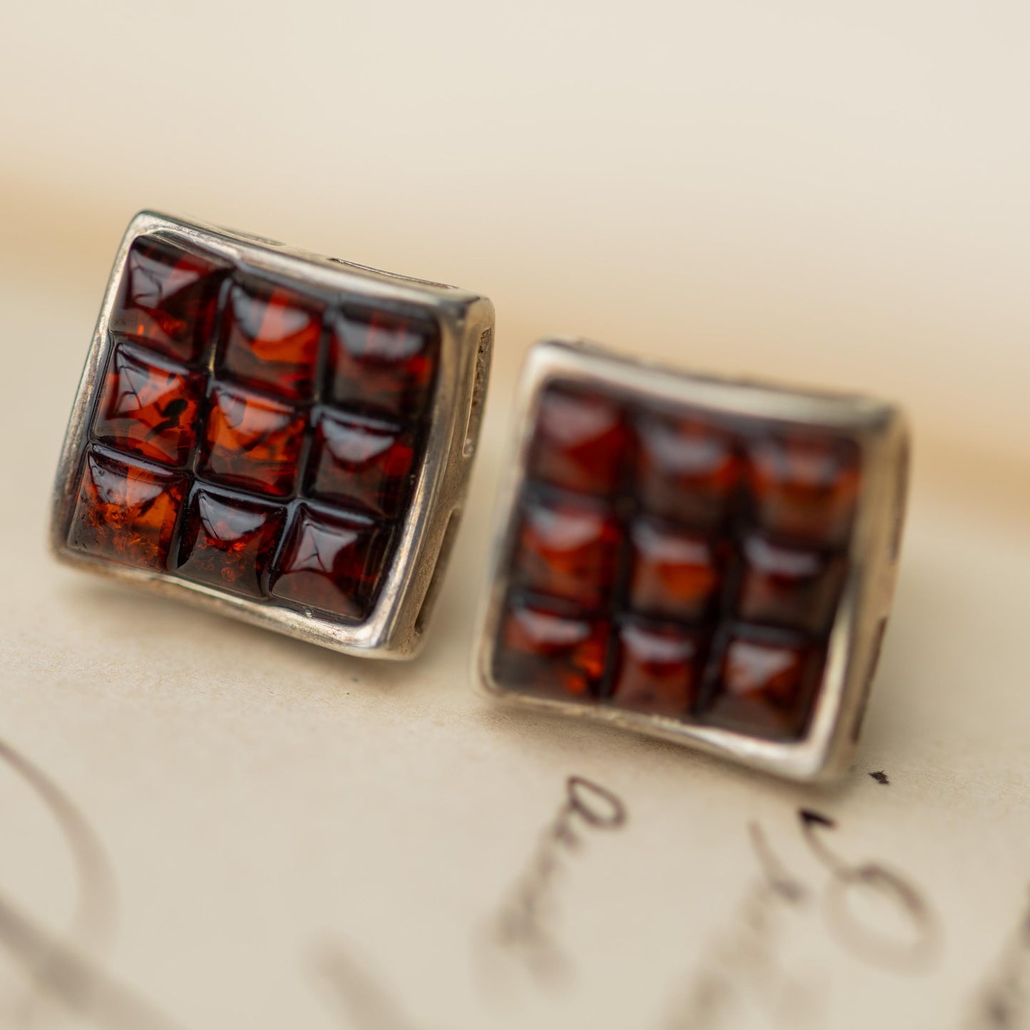 Vintage Earrings Sterling 925 Silver Amber Estate Jewelry
